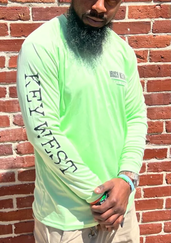 Front of the Irish Kevin's Key West fishing shirt: lime UPF performance long sleeve with a left chest logo and a KEY WEST sleeve print