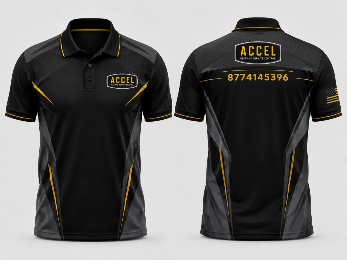 Custom sublimated work polo for Accel Pest Control with full-color branding printed into the fabric, front and back