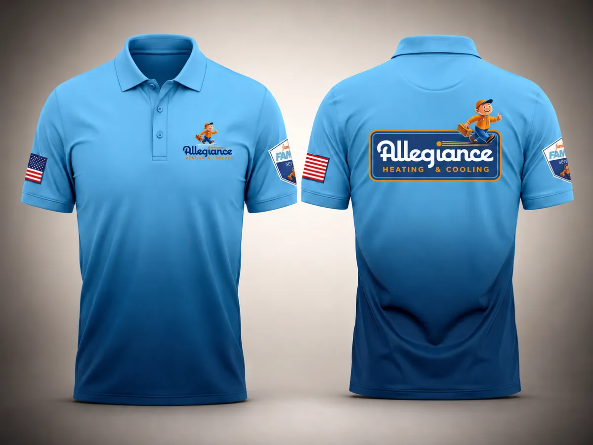 Sublimated work polo for Allegiance Air with full-color branding printed edge to edge