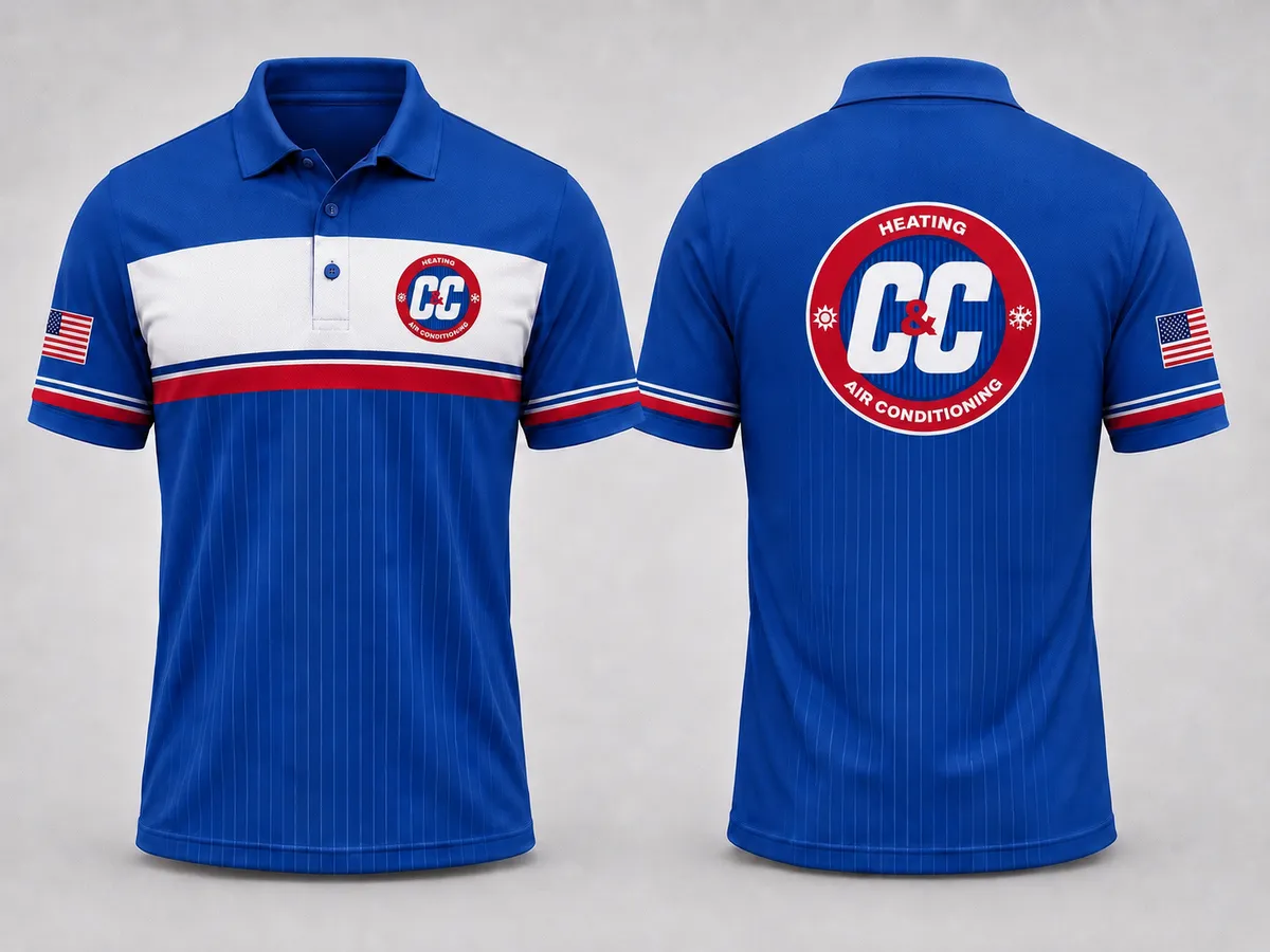 Royal blue cut-and-sew sublimated polo for C&C Heating and Air Conditioning with a white chest band, red stripe, pinstripe body, full-color logo and flag sleeve prints, front and back