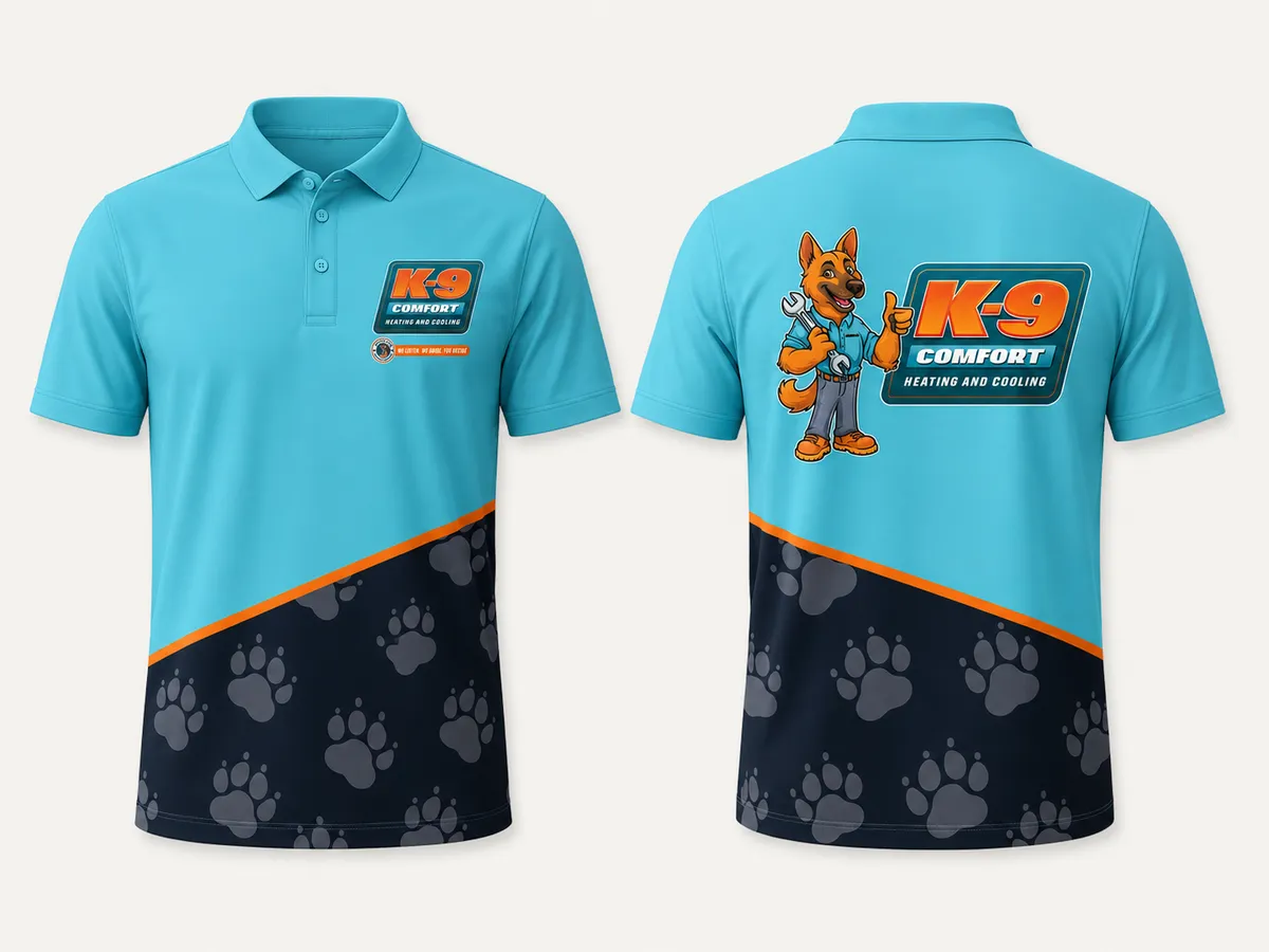 Custom sublimated polo for K9 Comfort with an all-over design and chest and sleeve logos, front and back